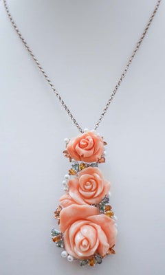 Coral, Multicolor Sapphires, Diamonds, Pearls, 14 Kt White Gold Pendant.