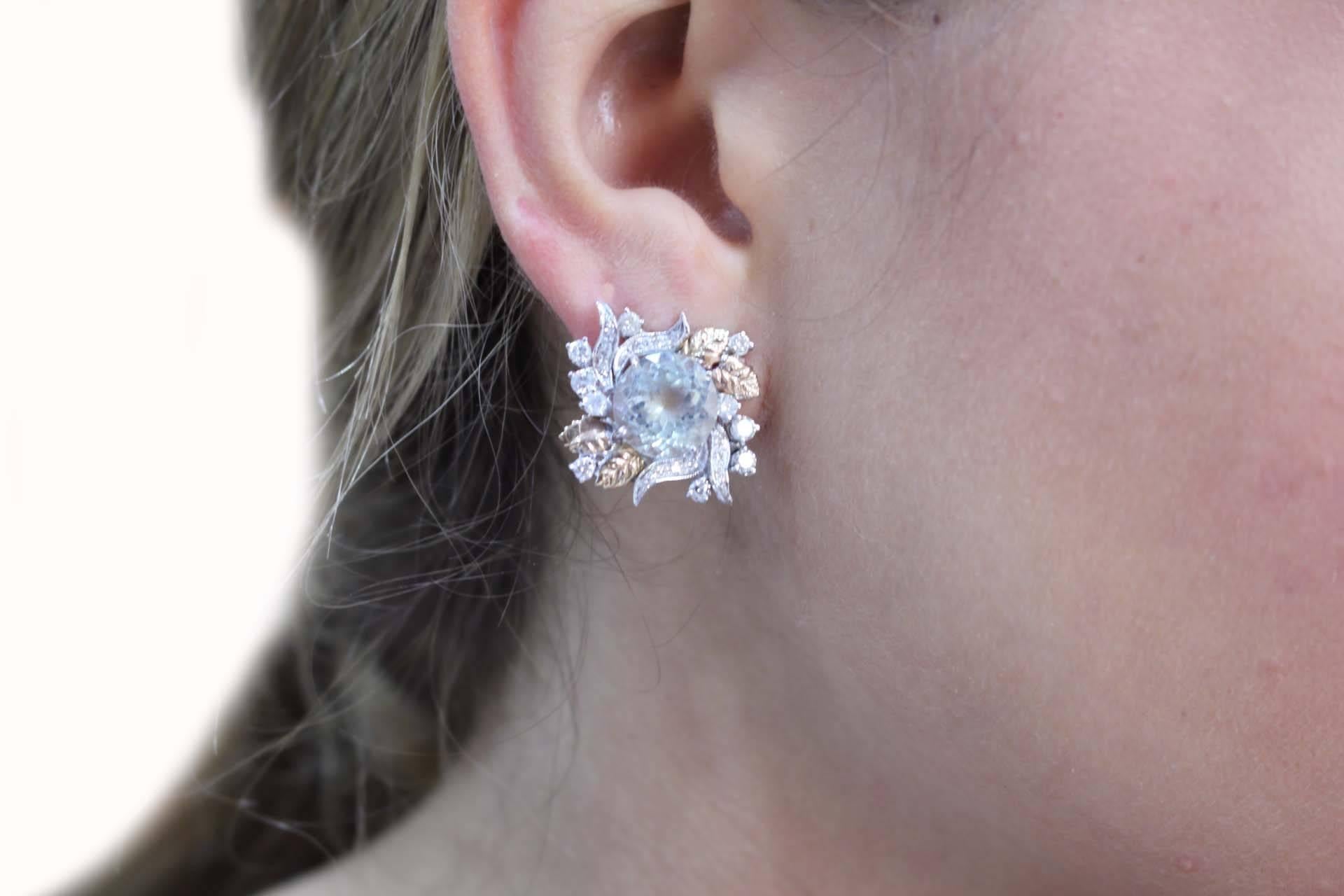 Women's or Men's  Diamond and Aquamarine Stud Gold Earrings