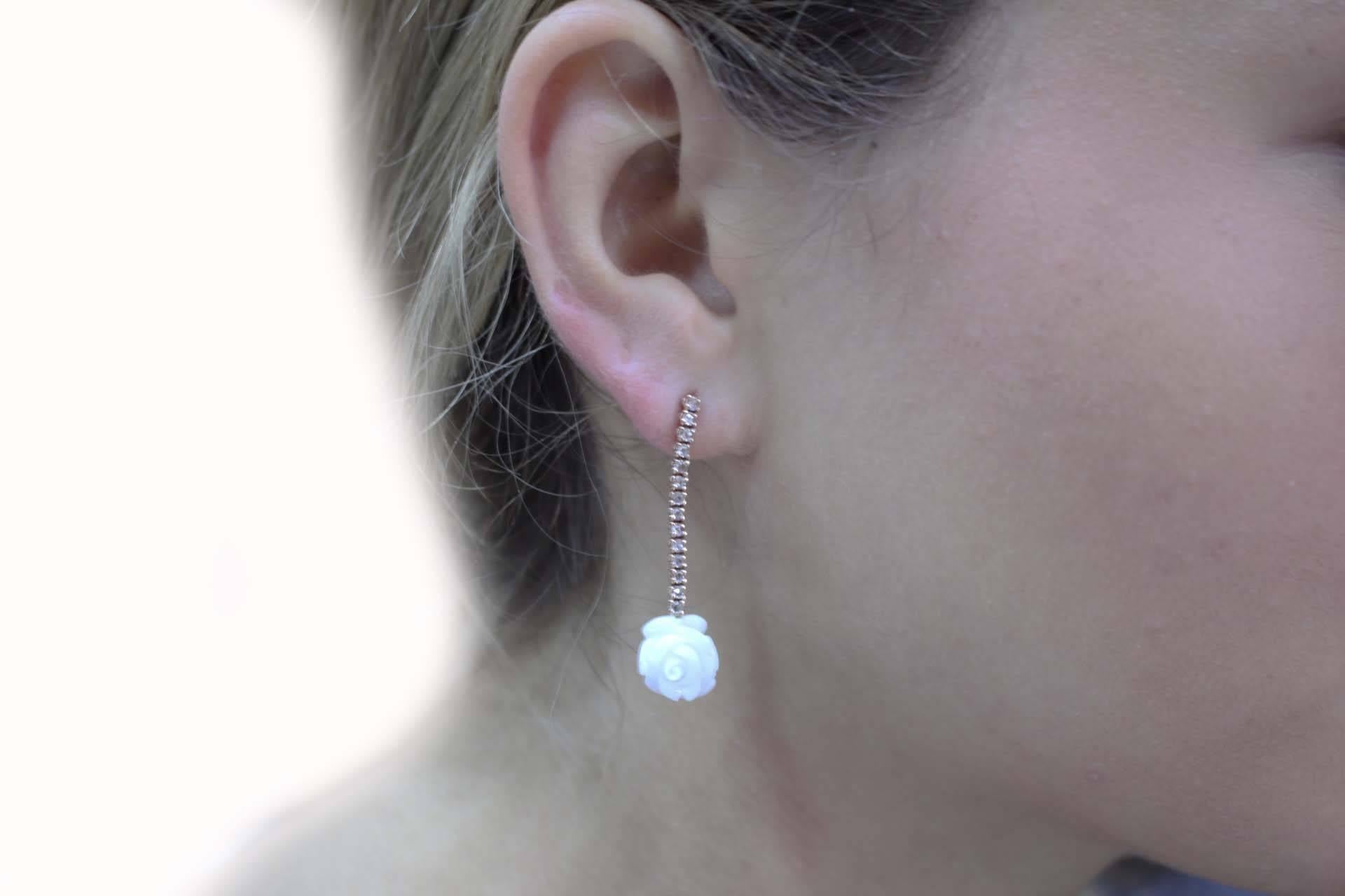 Women's White Coral Roses, Diamonds, Rose Gold Dangle Earrings