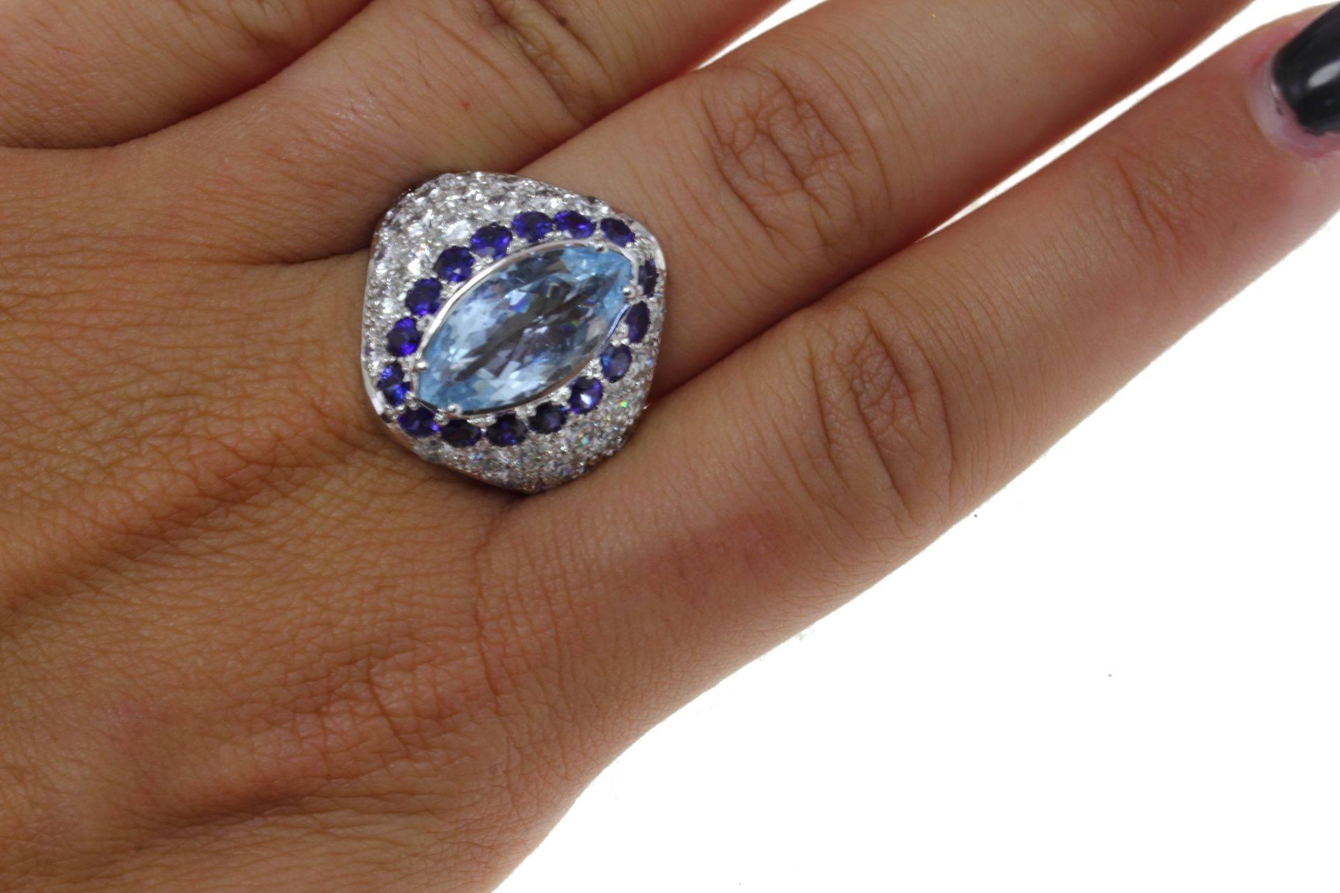 Women's  Gold Diamond Sapphire Aquamarine Cocktail Ring