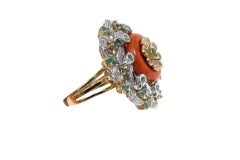 Gold Diamond Emerald Coral Cocktail Ring