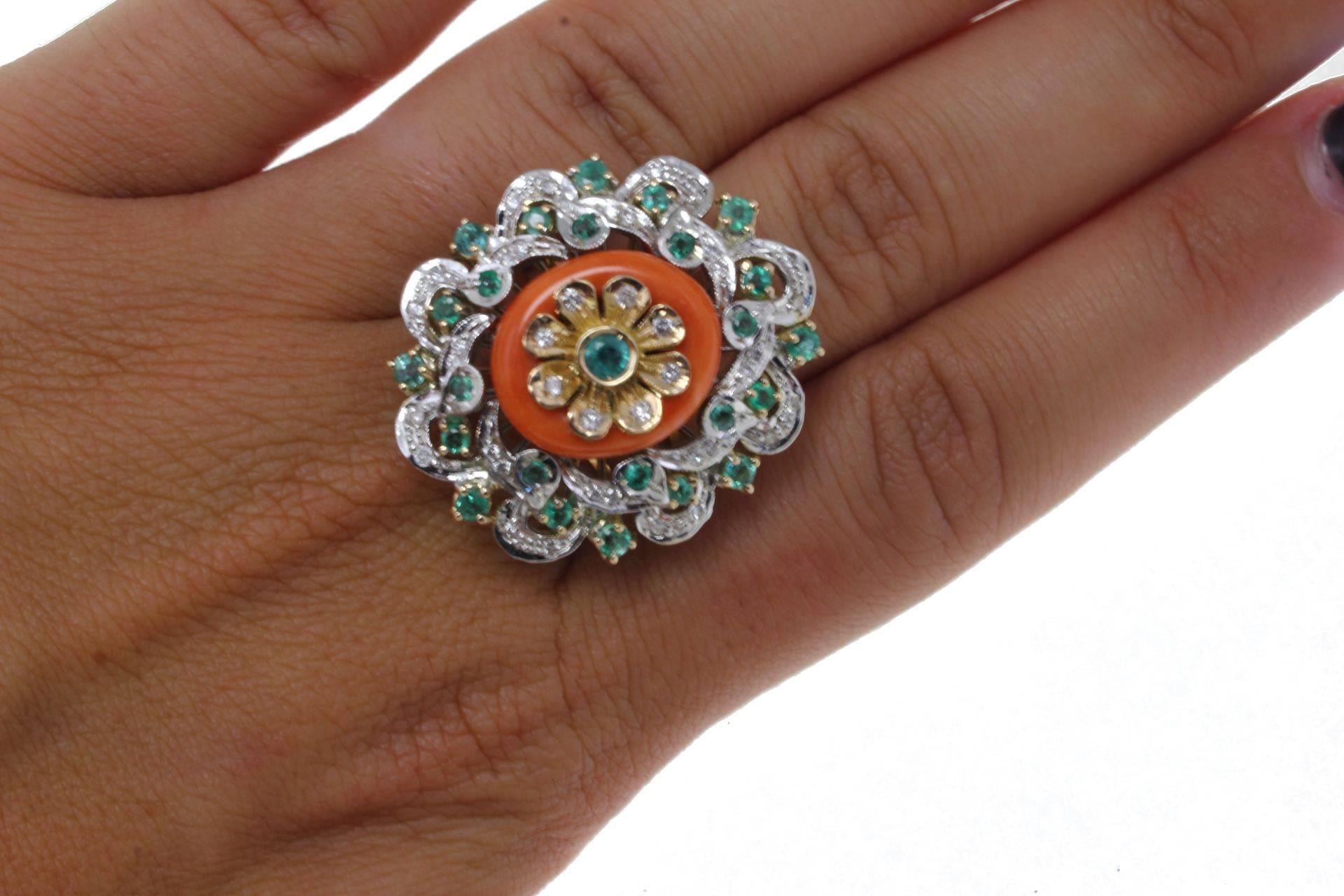 Mixed Cut  Gold Diamond Emerald Coral Cocktail Ring For Sale