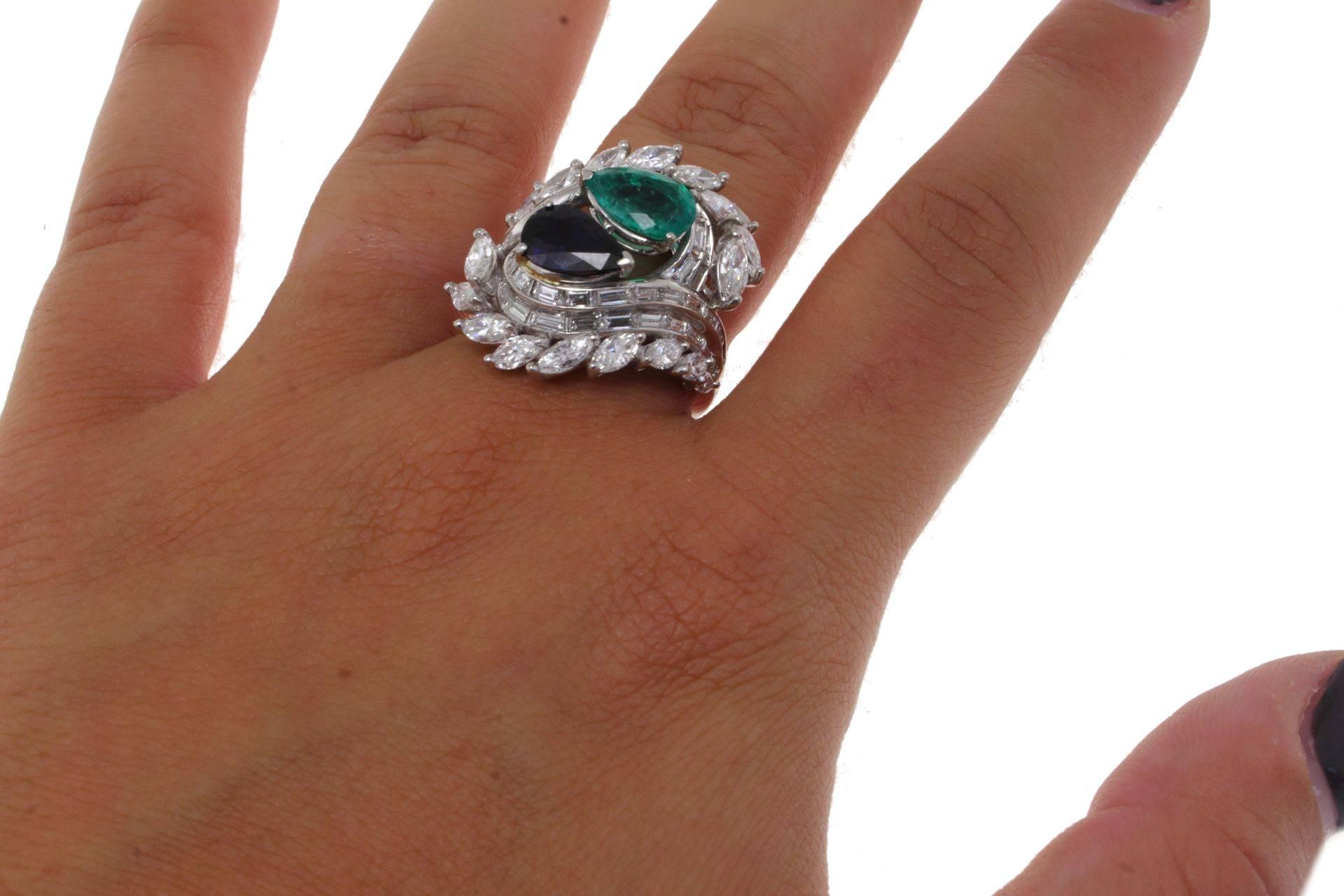 Mixed Cut Emerald, Sapphire, Diamonds, Platinum Ring. For Sale