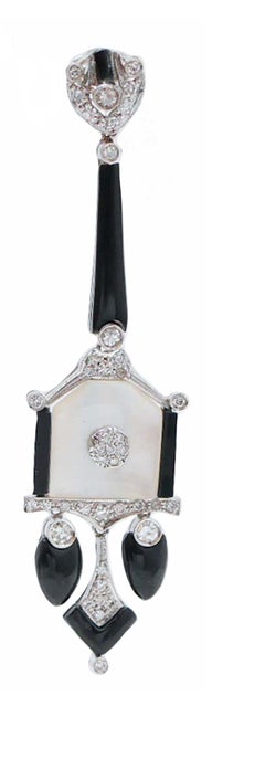 White Stones, Black Agate, Diamonds, Platinum Earrings.