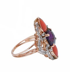 Coral, Amethyst, Diamonds, Rose Gold and Silver Ring.