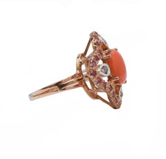 Coral, Rubies, Diamonds, Rose Gold and Silver Ring.