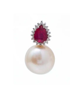 14 Mm Pearls, Rubies, Diamonds, 18 Karat White Gold Earrings.