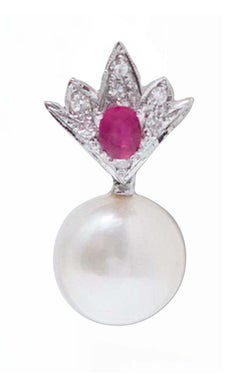 12 Mm Pearls, Rubies, Diamonds, Platinum Earrings.
