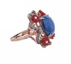 Kyanite, Carnelian, Pearls, Rubies, Diamonds, Rose Gold and Silver Ring.