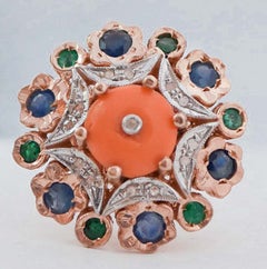 Coral, Emeralds, Diamonds, Sapphires, Rose Gold and Silver Ring.