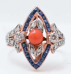 Coral, Sapphires, Diamonds, Rose Gold and Silver Ring.