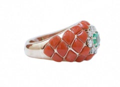 Coral, Emerald, Diamonds, 14 Karat Rose Gold and White Gold Ring.