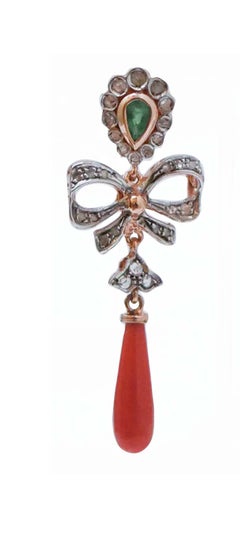 Coral, Emeralds, Diamonds, Rose Gold and Silver Earrings.
