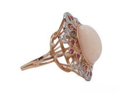 Coral, Rubies, Diamonds, Rose Gold and Silver Ring.