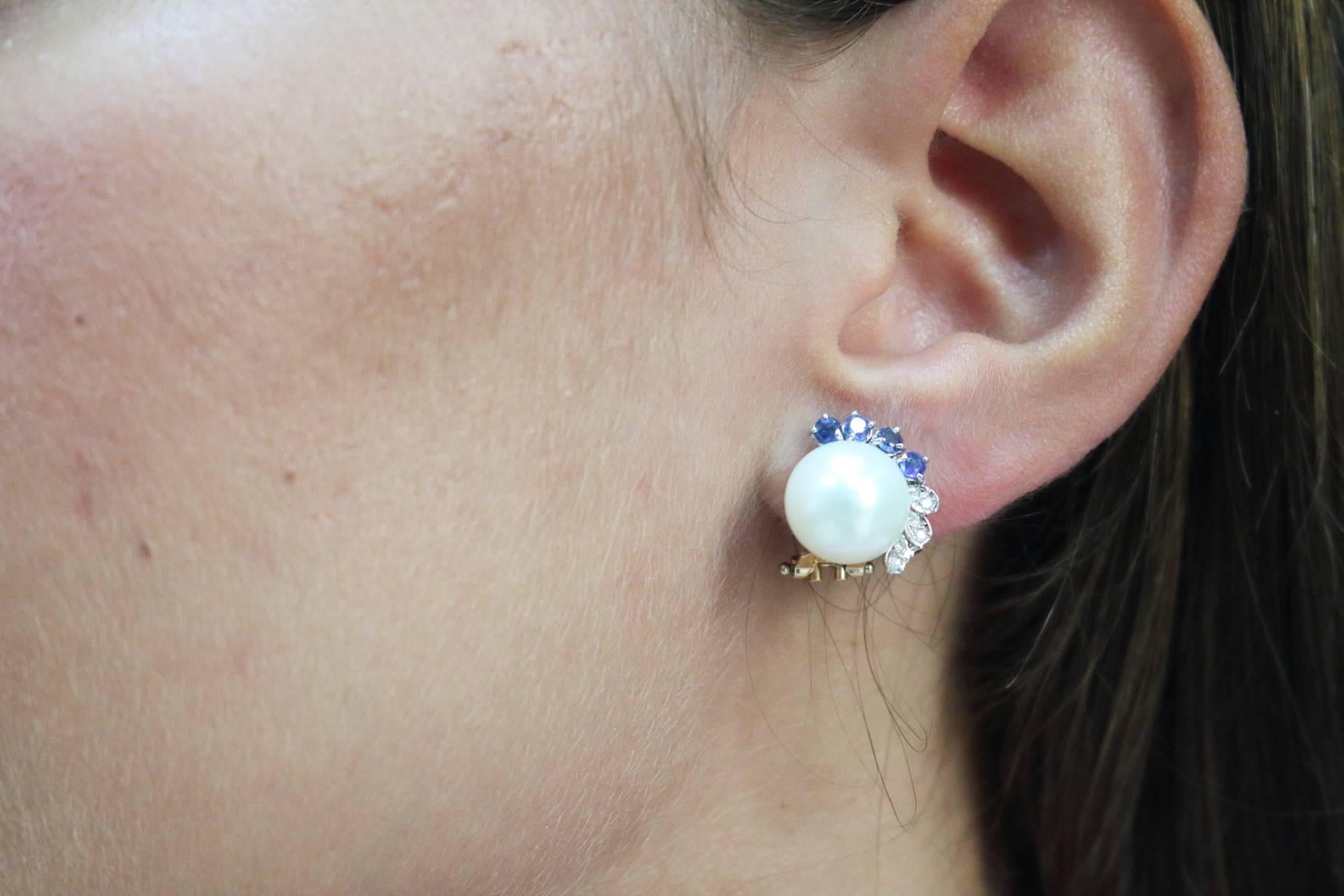 Retro Luise Australian Pearl Diamond and Sapphire Stud Earrings