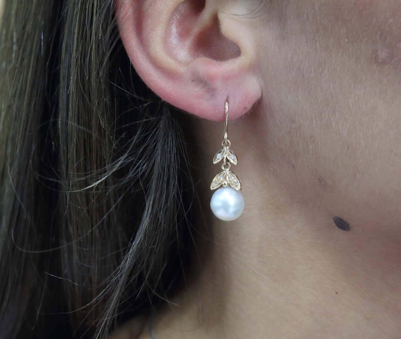 Retro  0.17 ct Diamonds and 3.30 g Australian Pearls Rose Gold Level-back Earrings