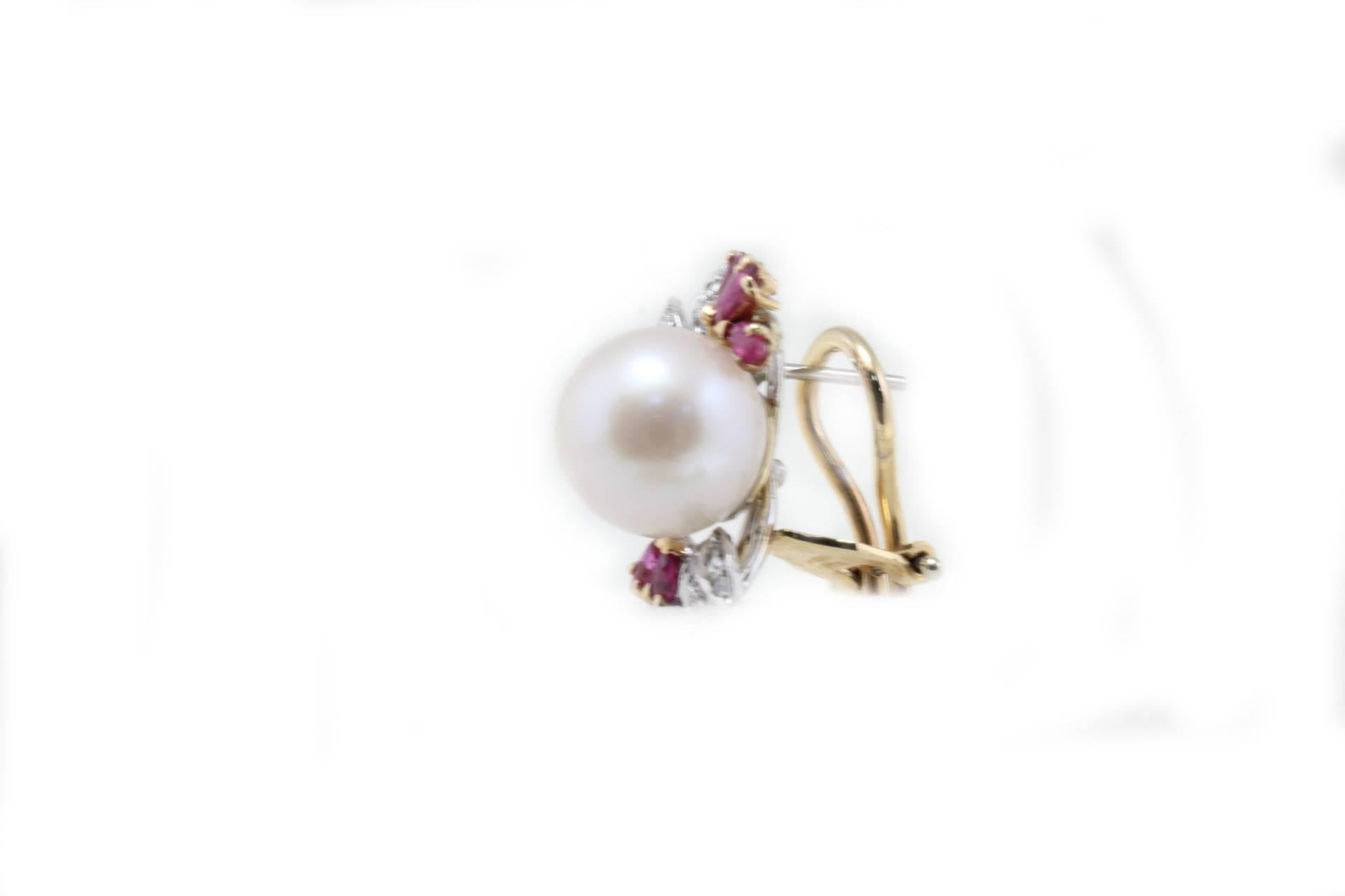 Retro Sea Pearls Gold  Earrings with Diamonds and Rubies