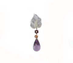 Diamonds White Stones Leaves, Amethyst Drops and Sapphires Gold Earrings