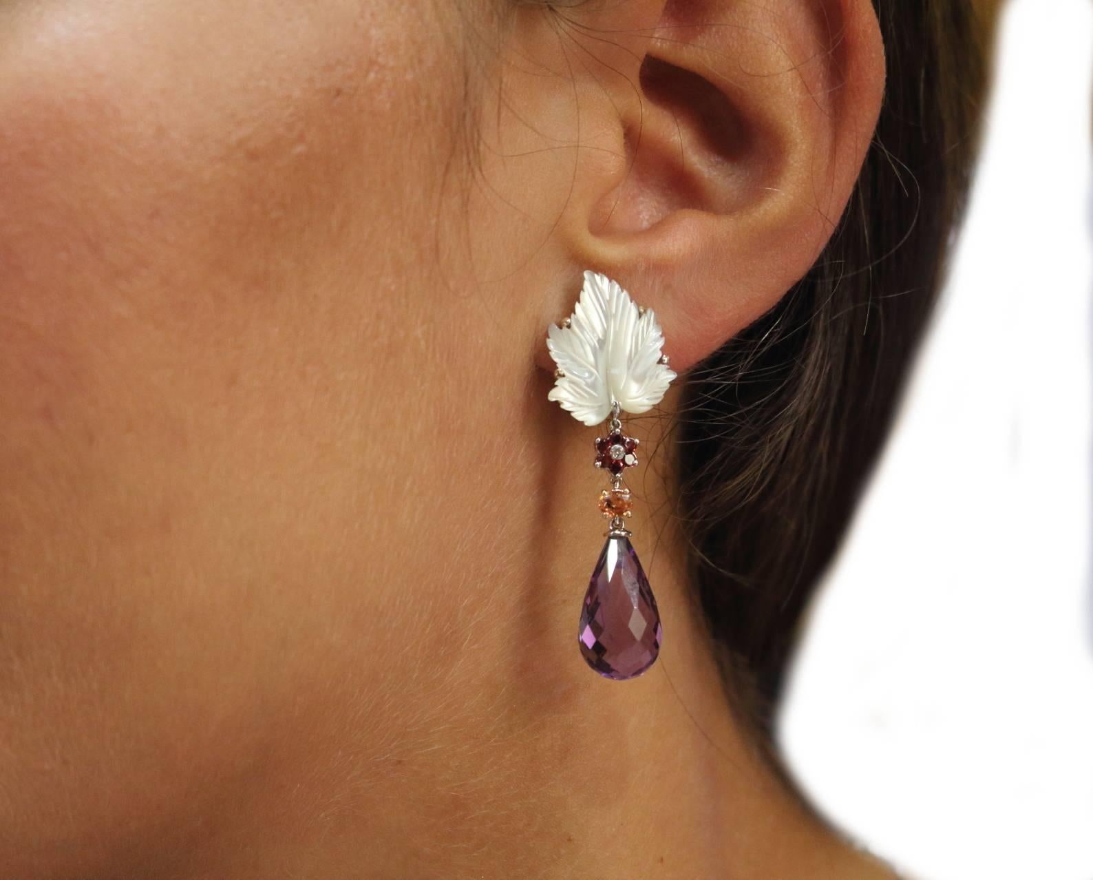 Mixed Cut  Diamonds White Stones Leaves, Amethyst Drops and Sapphires Gold Earrings For Sale