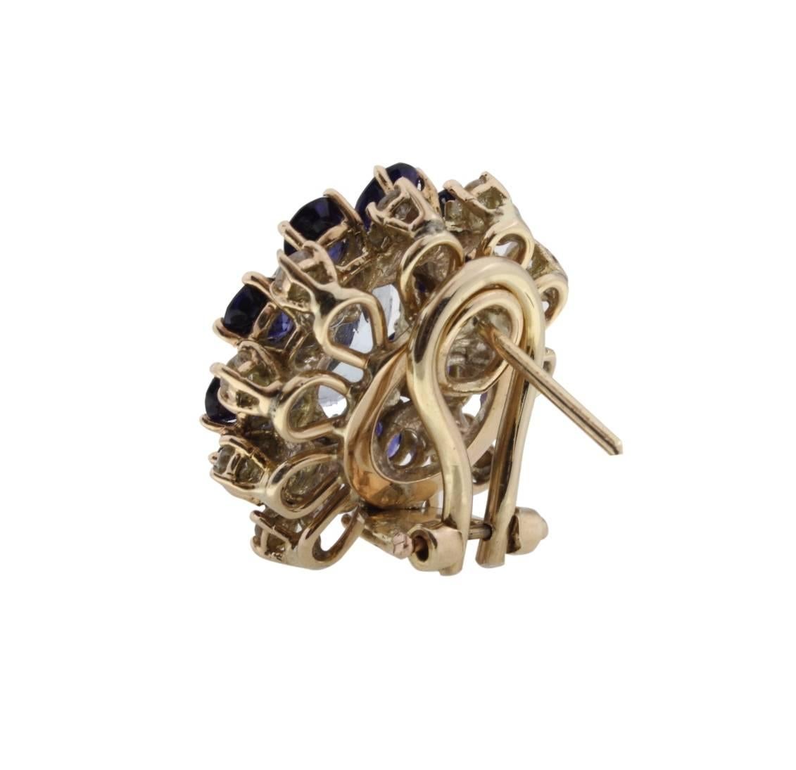 Retro Gold Stud Earrings with Diamonds, Sapphire and Aquamarine