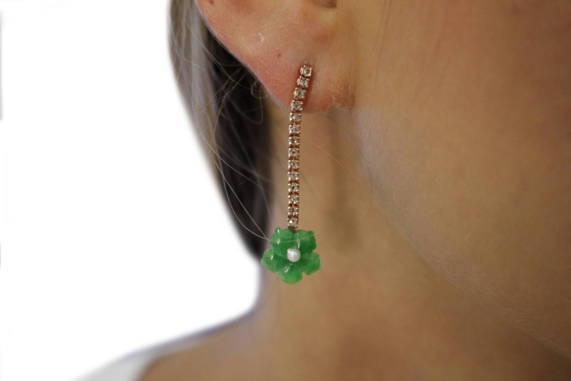 Diamonds, Green Agate Flowers, Little Pearls Rose Gold Dangle Earrings In Good Condition In Marcianise, Marcianise (CE)