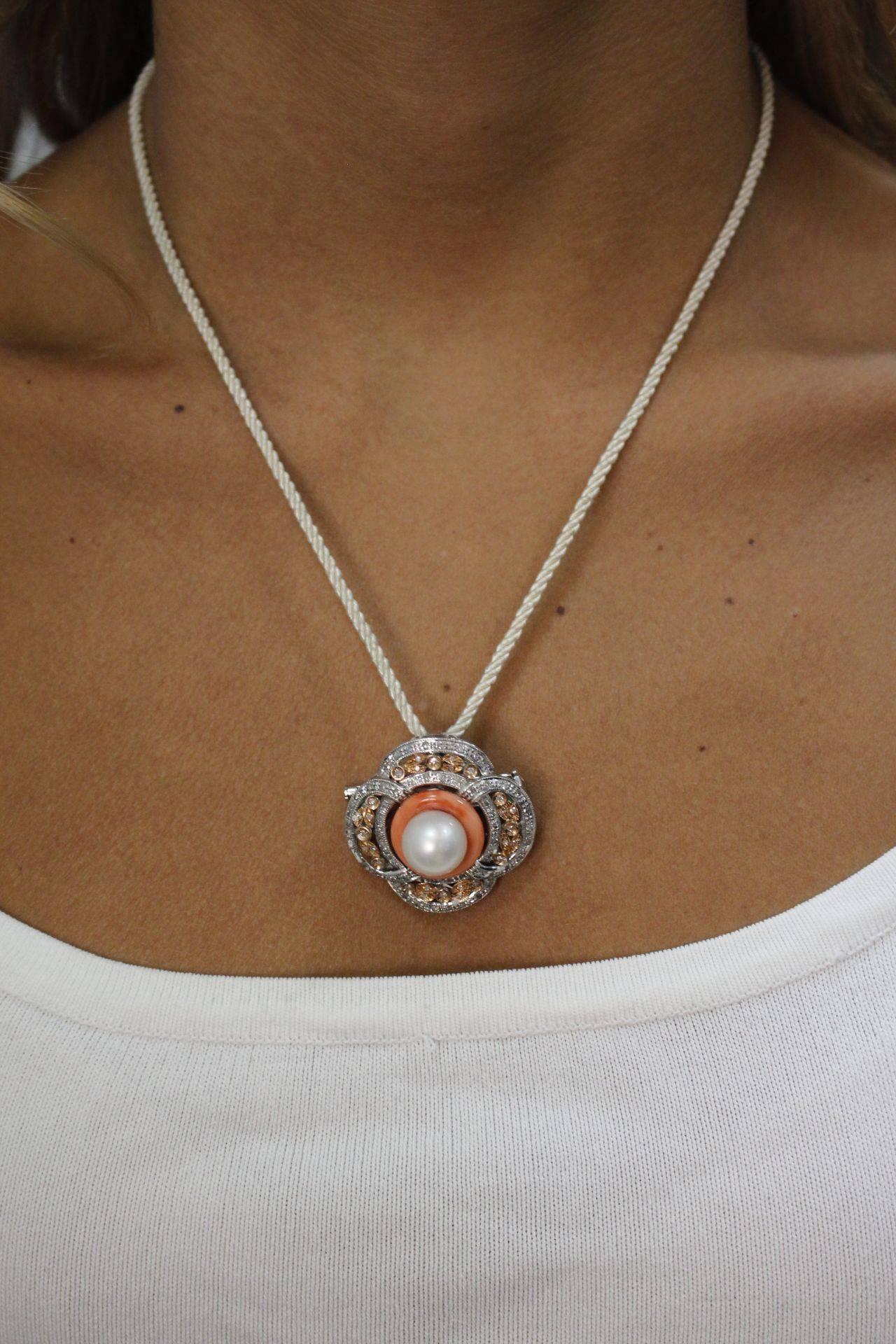 Round Cut Diamonds, Australian Pearl,  Coral Ring, White Gold Brooch/Pendant Necklac For Sale