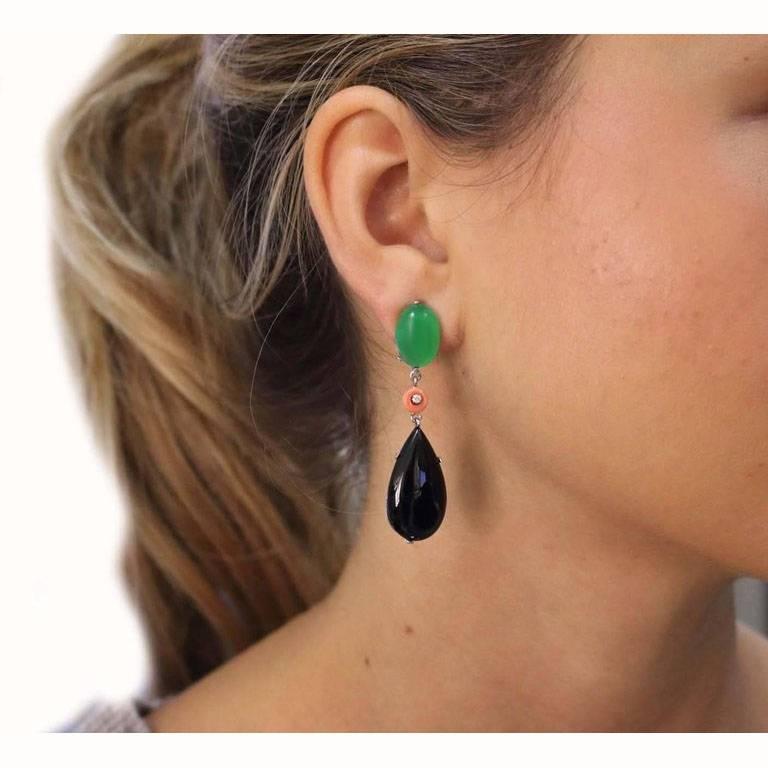 Women's Diamonds, Green Agate, Onyx Drops, Red Coral Rings, Gold Clip-on Drop Earrings