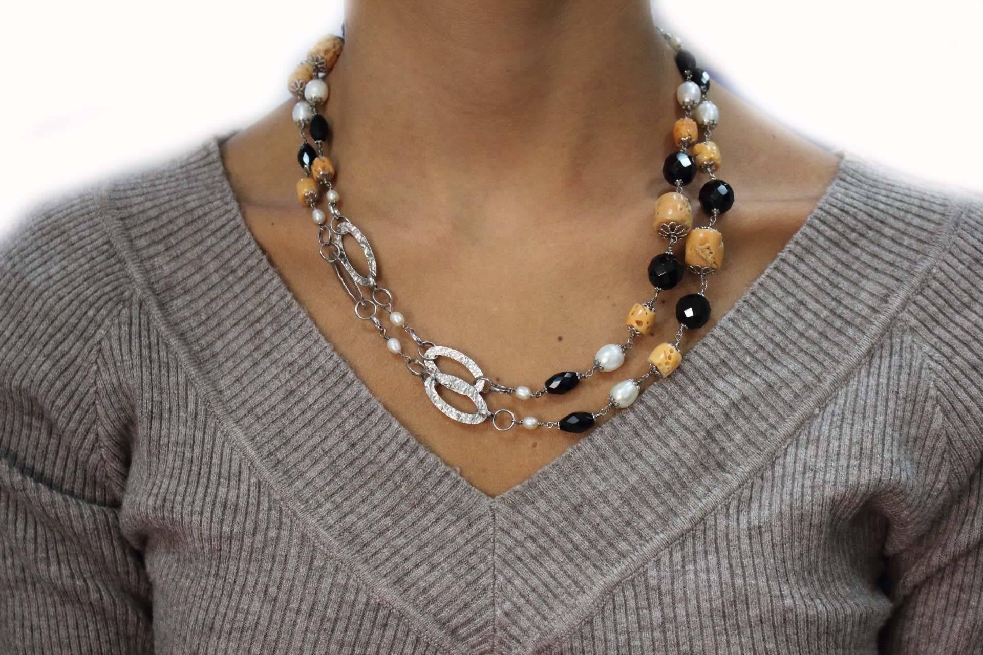Retro Pearls, Onyx, Orange Coral, Silver Structure Multi-Strand Link Necklace  For Sale