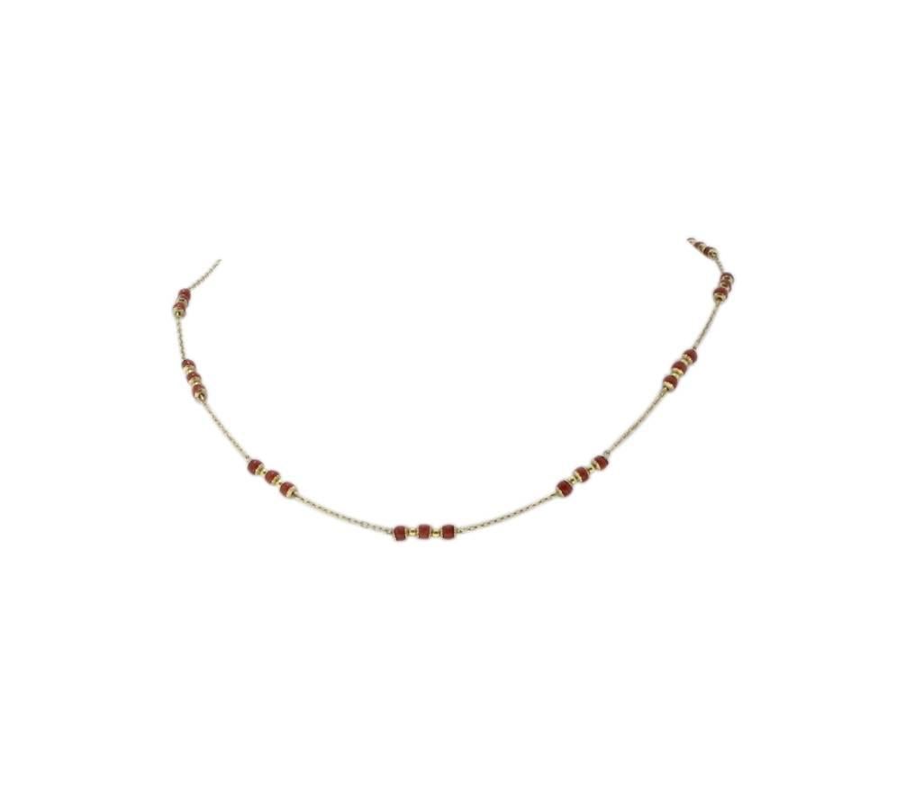 Retro Red Beaded Corals, 18K Yellow Gold Chain Retrò Necklace