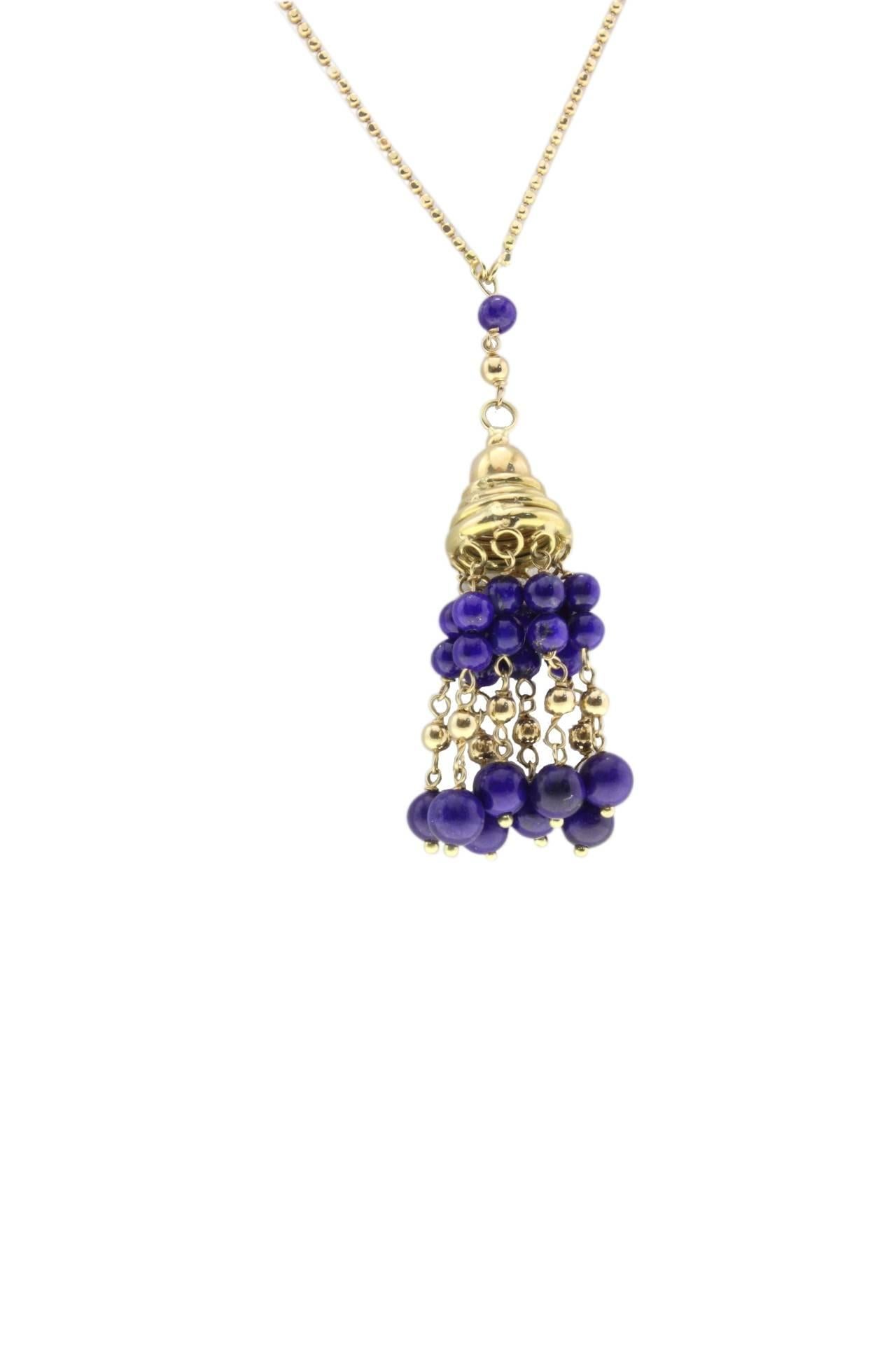 Retro Blue Lapis, 18K Yellow Gold Pendant Necklace  For Sale