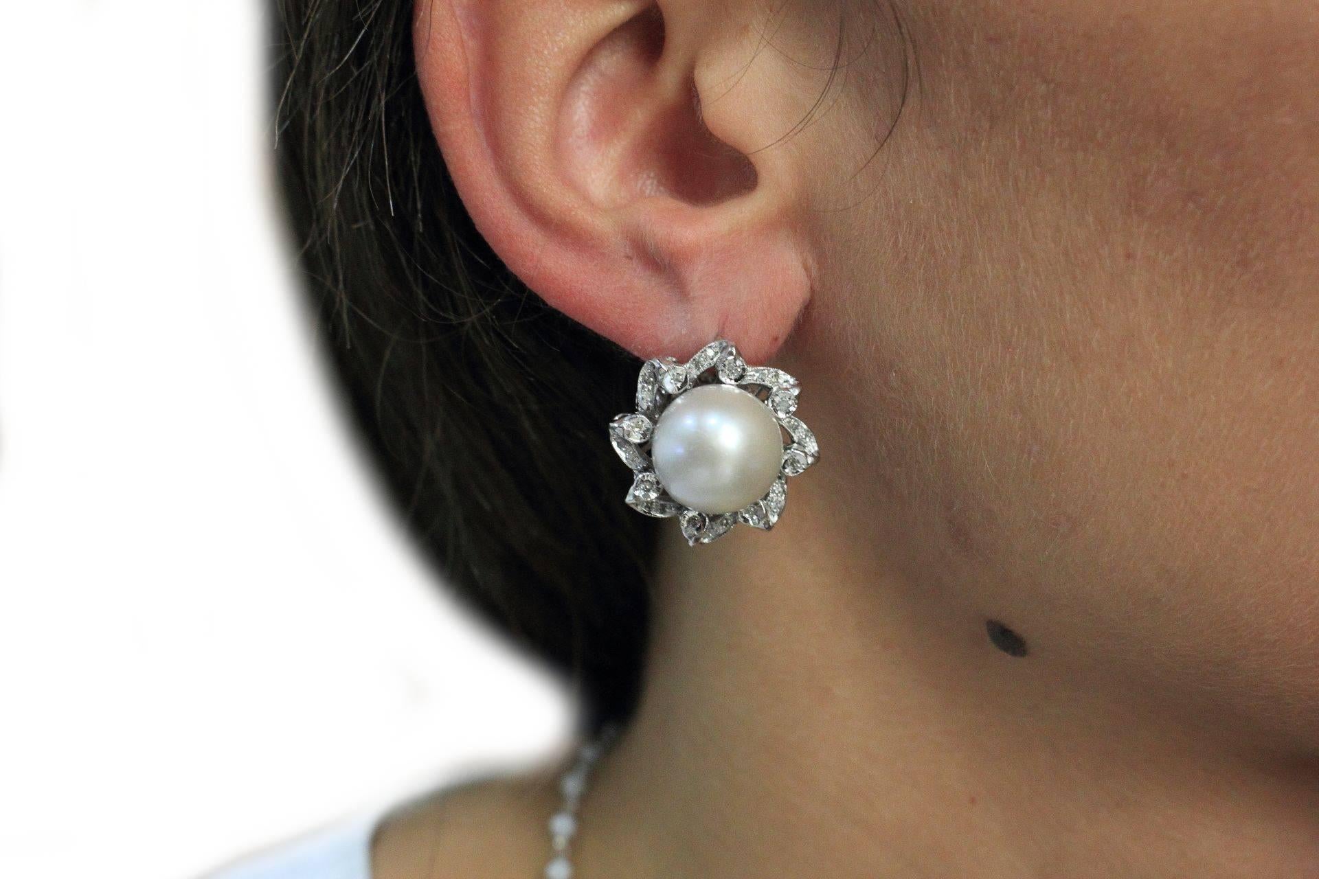 Women's 0.43 ct Diamonds, 41.73 ct Big australian Pearl White Gold Flower Earrings