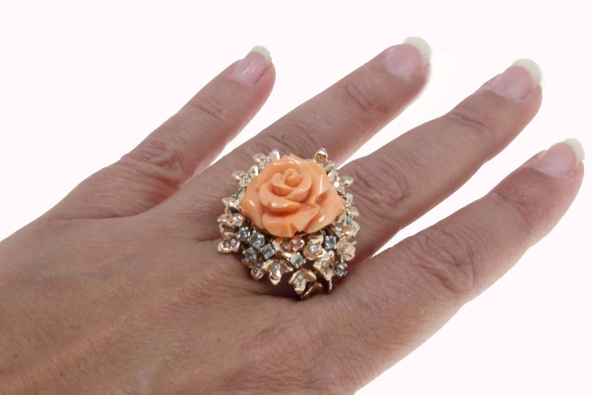 Luise Rose Shape Coral, Diamond and Sapphire, Rose Gold Ring In Good Condition In Marcianise, Marcianise (CE)