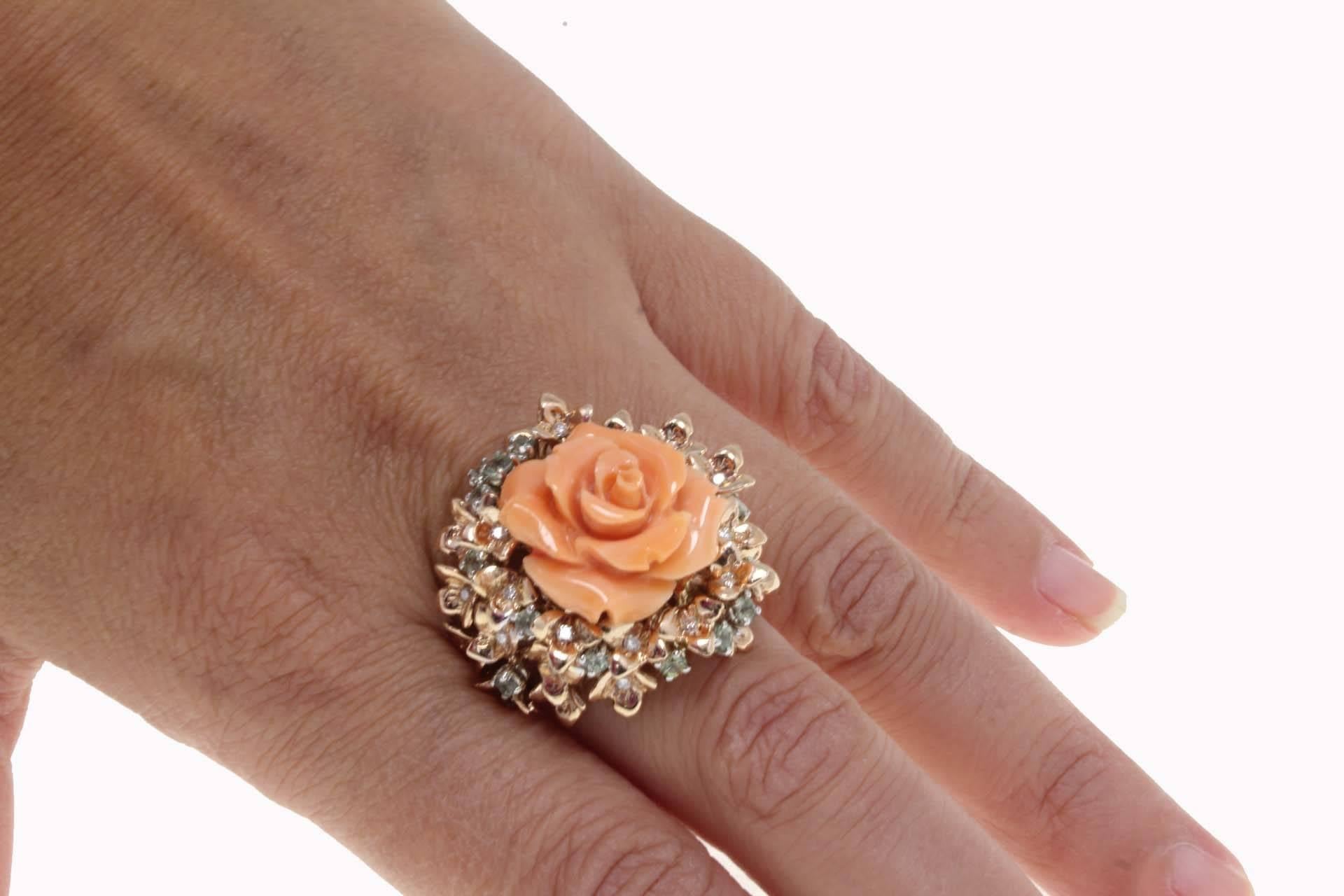 Women's or Men's Luise Rose Shape Coral, Diamond and Sapphire, Rose Gold Ring