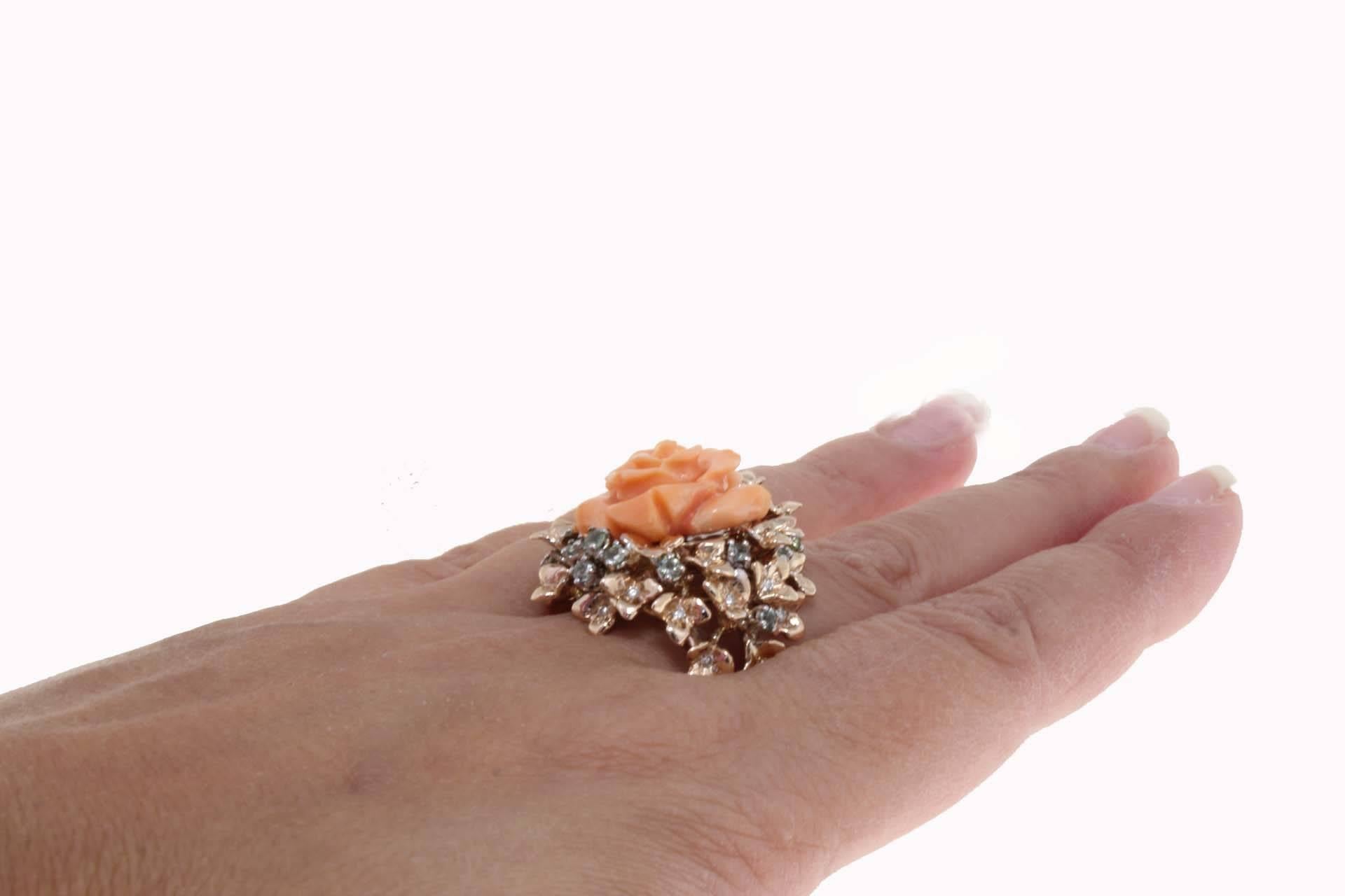 Luise Rose Shape Coral, Diamond and Sapphire, Rose Gold Ring 1