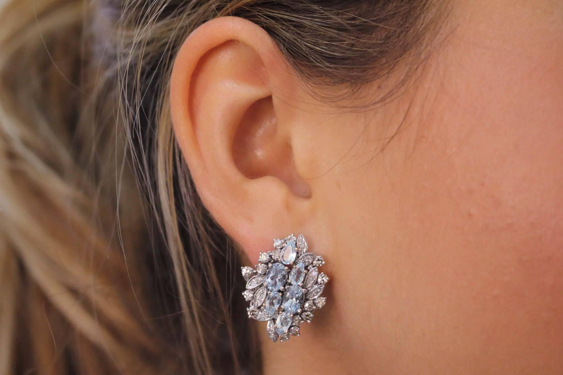 Women's or Men's Luise Aquamarine and Diamonds Stud Gold Earrings
