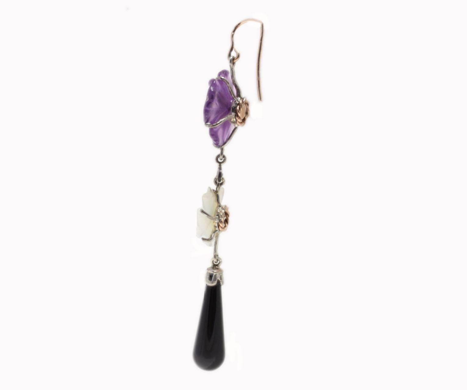 Retro  Amethyst, Onyx and Mother-of-Pearl Drop Rose Gold and Silver Earrings