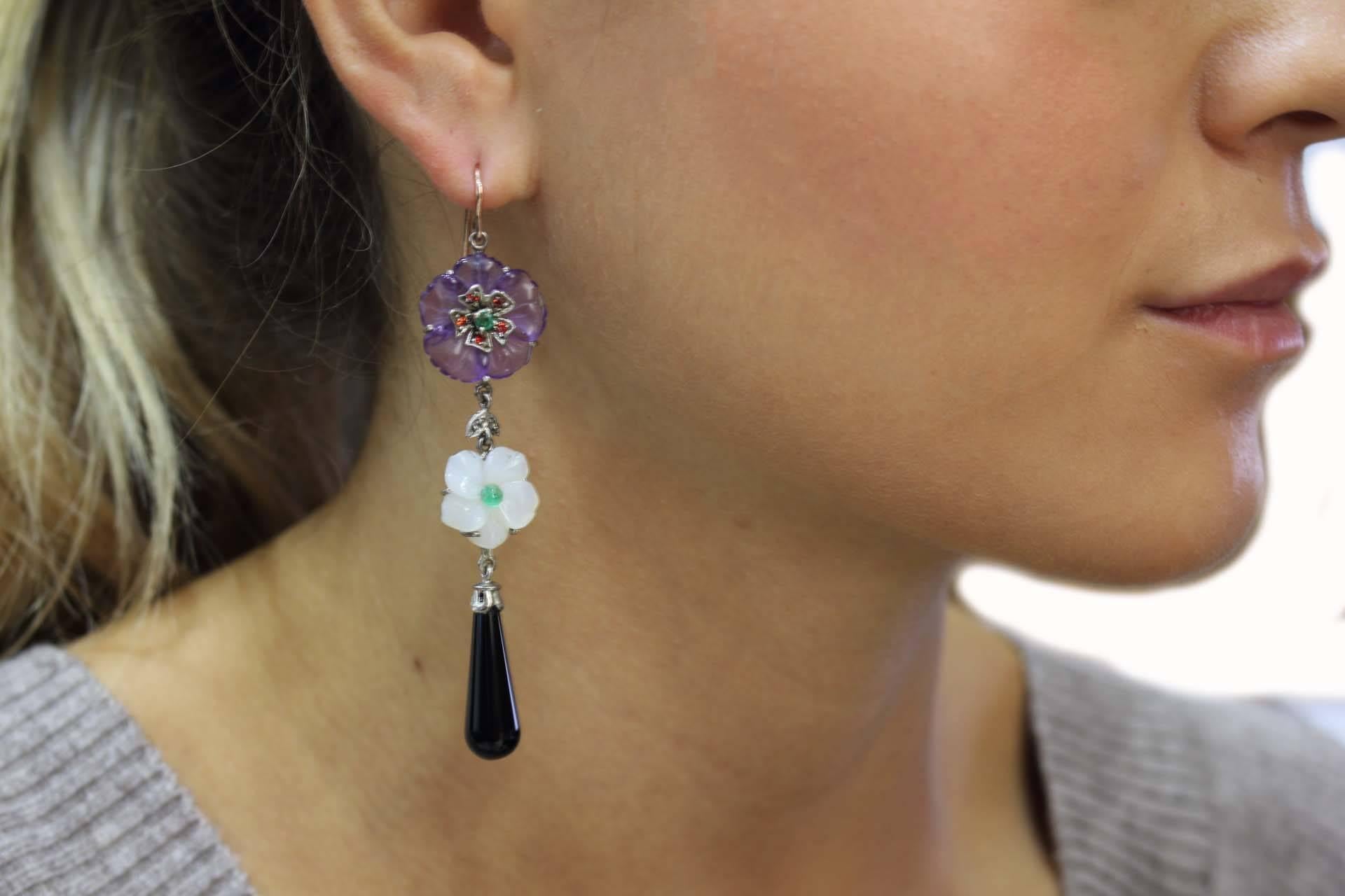  Amethyst, Onyx and Mother-of-Pearl Drop Rose Gold and Silver Earrings In Good Condition In Marcianise, Marcianise (CE)