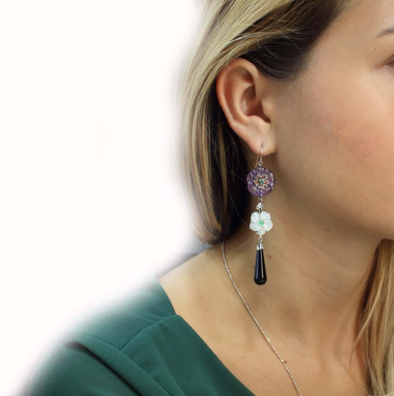 Women's or Men's  Amethyst, Onyx and Mother-of-Pearl Drop Rose Gold and Silver Earrings