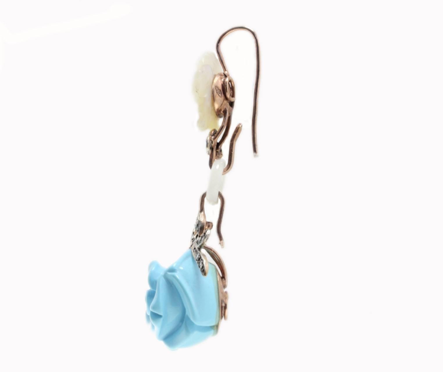 Retro Mother-of-Pearl and Turquoise Dangle Rose Gold and Silver Earrings
