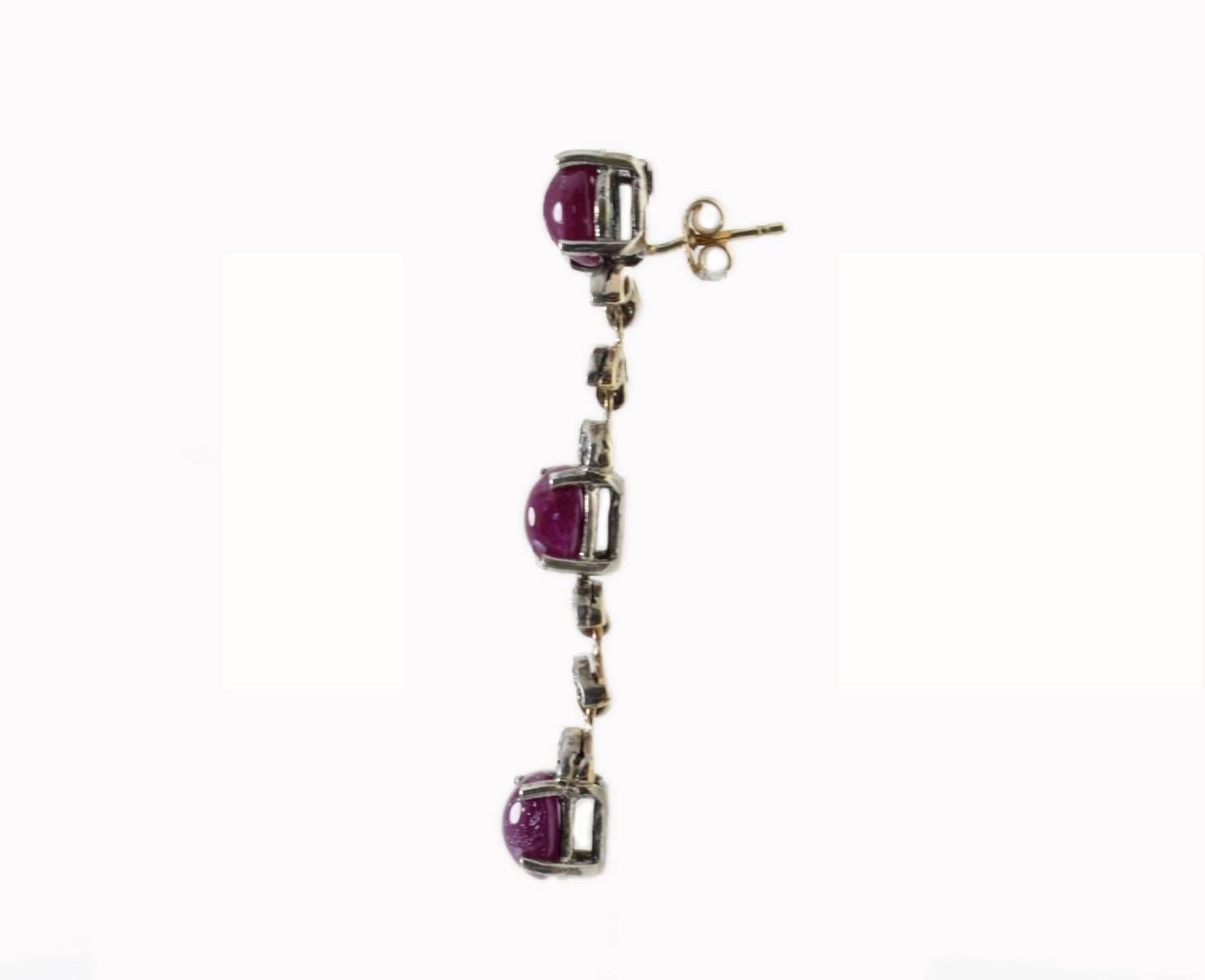Retro Diamonds and Cabochon Cut Rubies Dangle Rose Gold End Silver Earrings