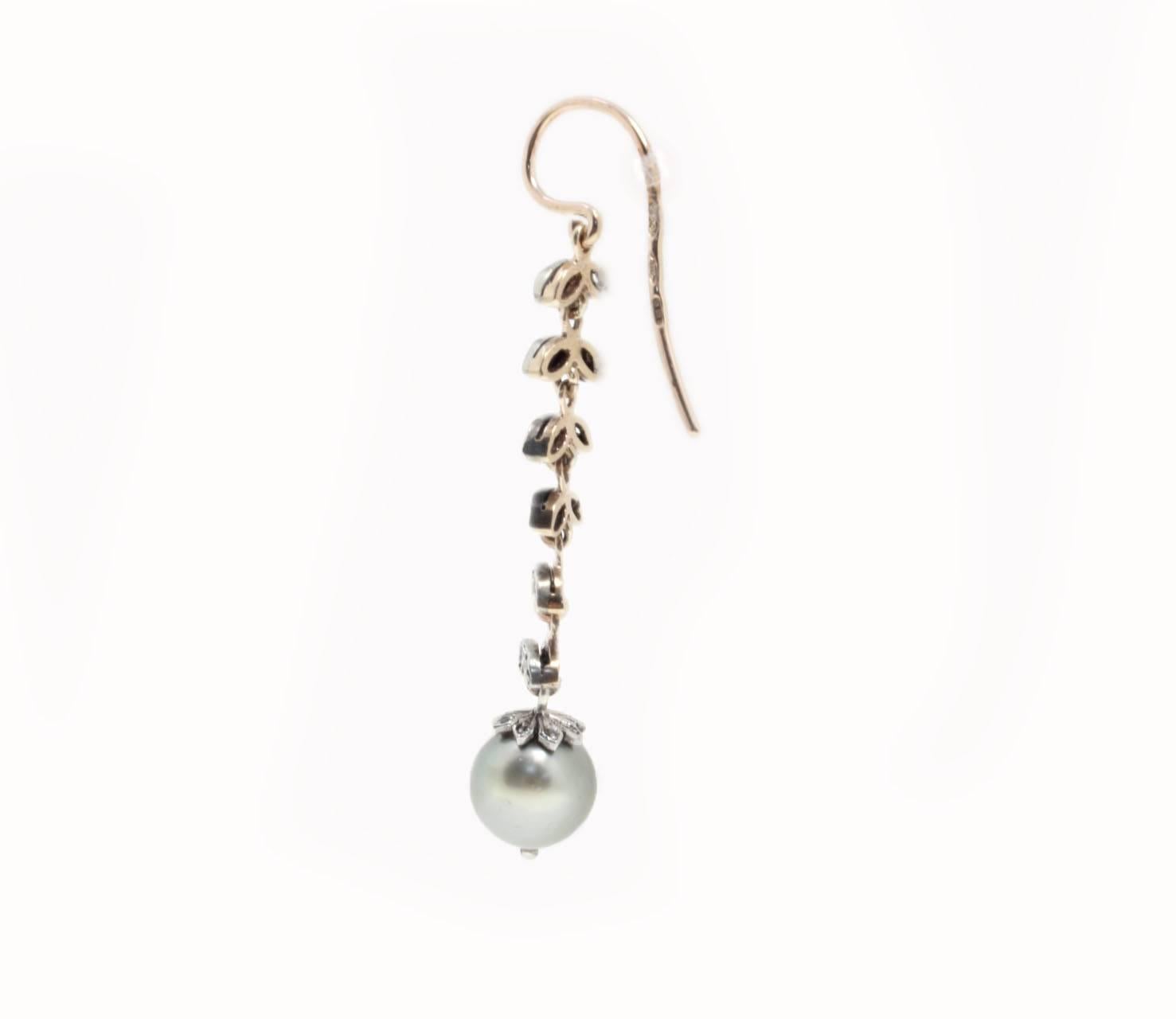 Retro 0.44 ct Diamonds, 2.80 g of White Grey Pearls Rose Gold Silver Dangle Earrings