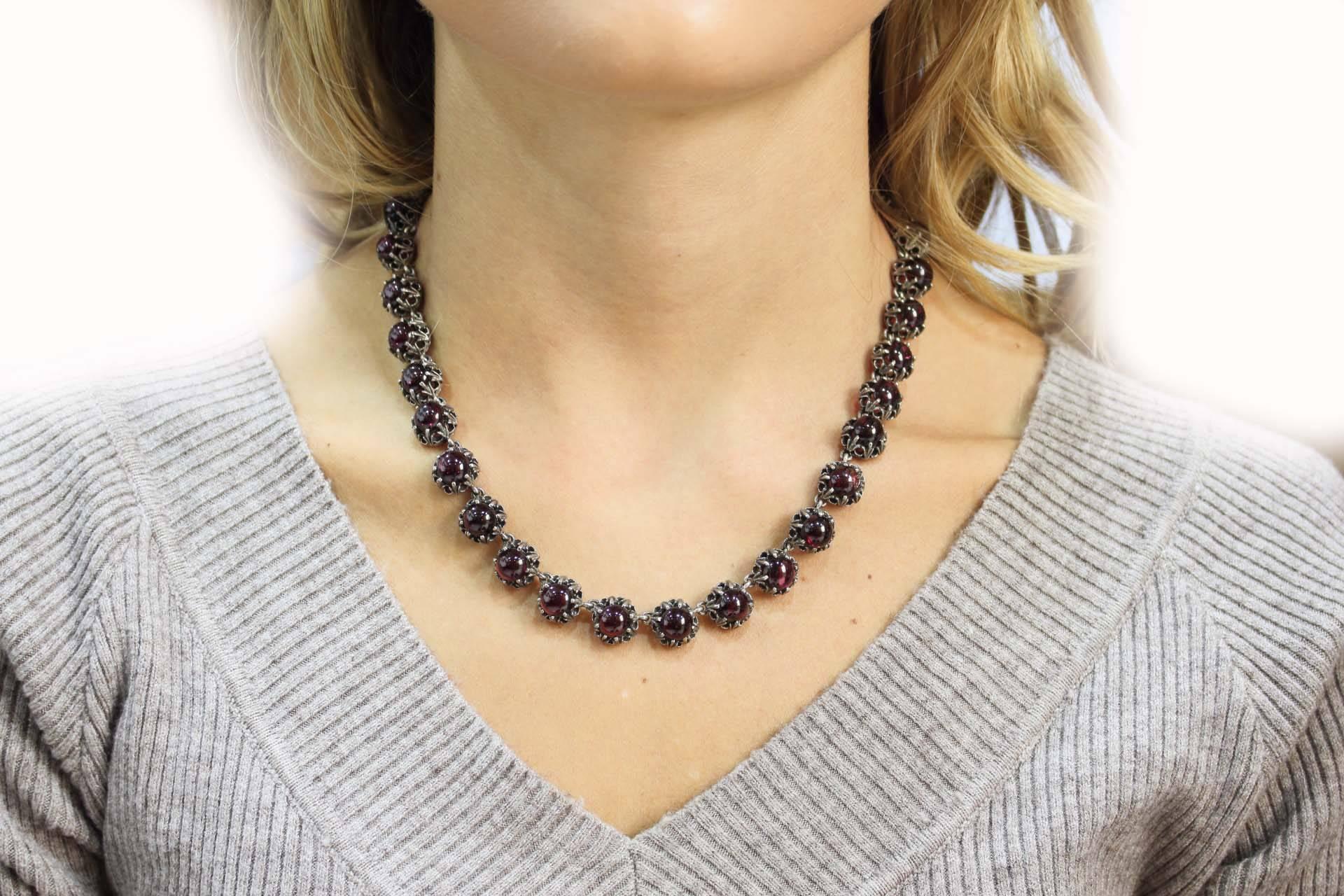 Retro  Garnets Rose Gold and Silver Link Necklace For Sale