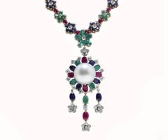 Blue Sapphire Emeralds Rubies and  Diamonds Pearl Pendant Necklace