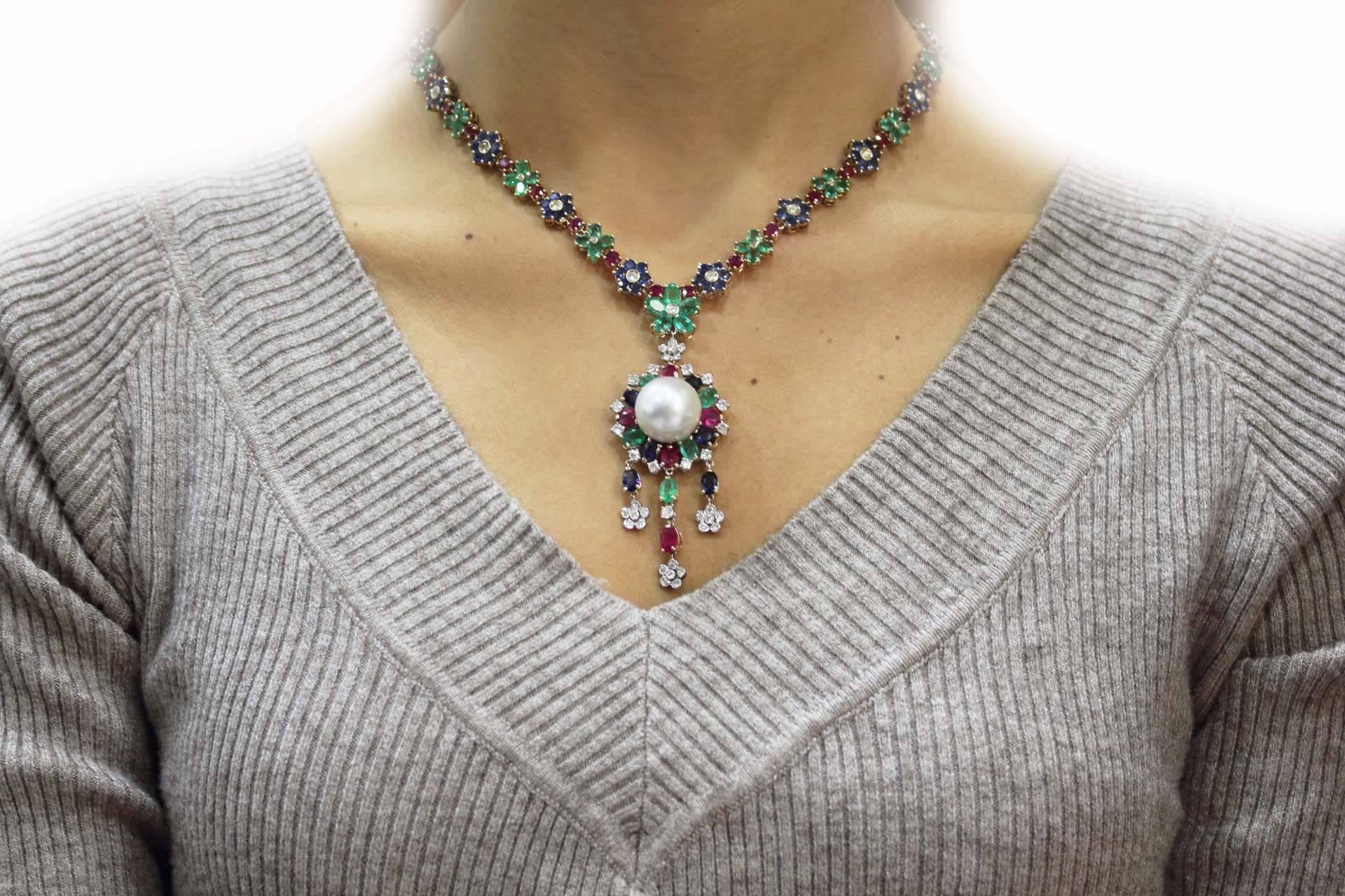 Retro Blue Sapphire Emeralds Rubies and  Diamonds Pearl Pendant Necklace