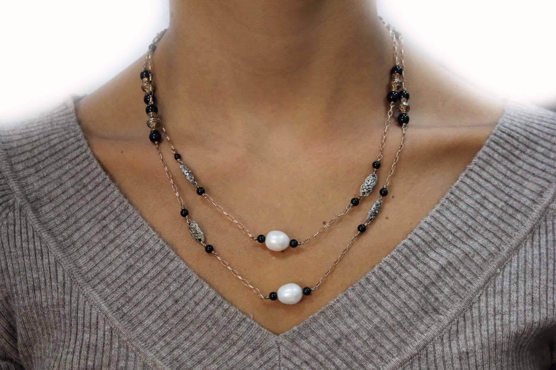  Pearl and Onyx, Gold Necklace In Good Condition In Marcianise, Marcianise (CE)