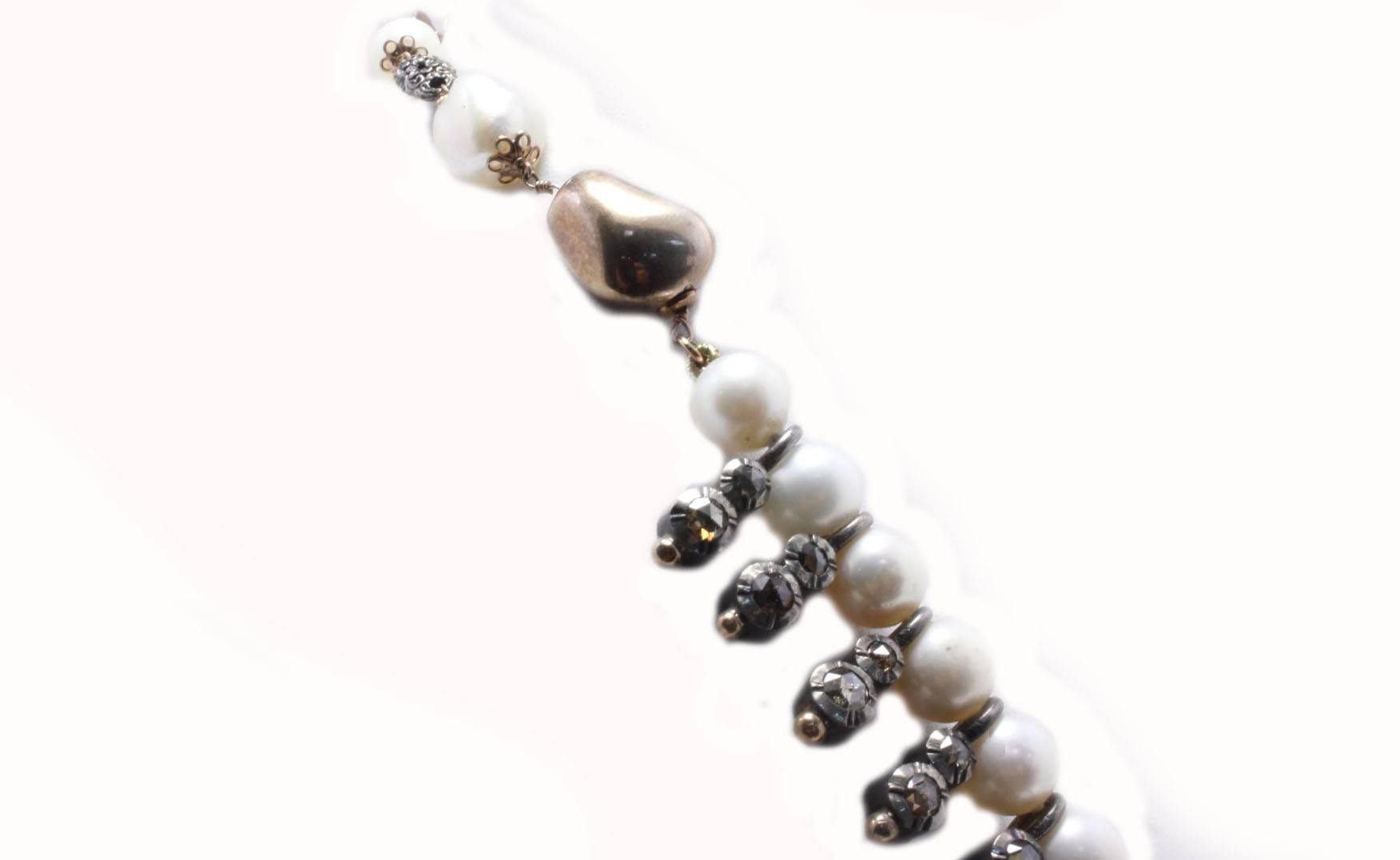 Retro 17.12 ct Old Cut Brown Diamonds, Pearls Rose Gold Silver Beaded Link Necklace For Sale
