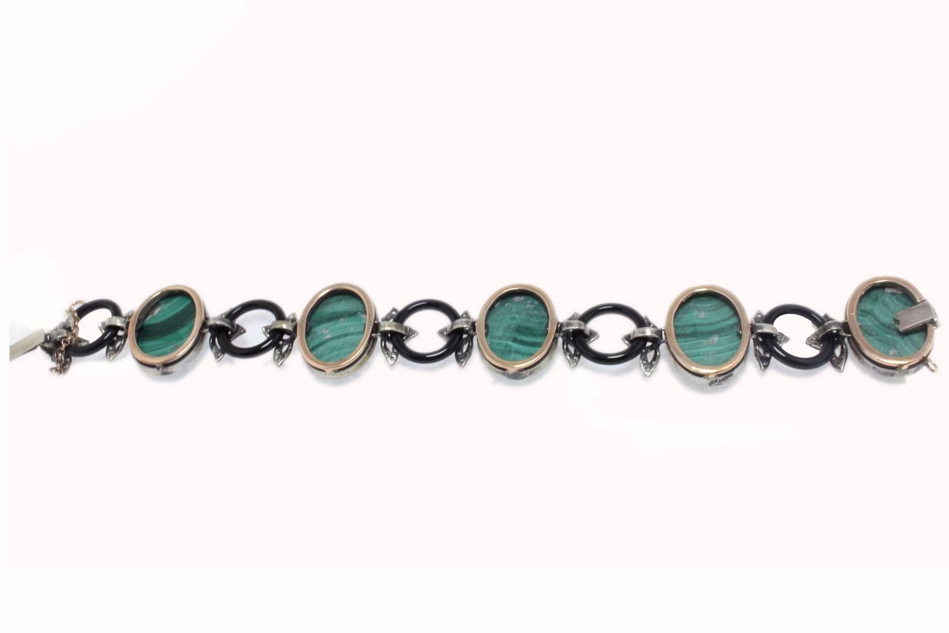  Diamonds Onyx Natural Malachite and Gold Link Bracelet In Good Condition In Marcianise, Marcianise (CE)