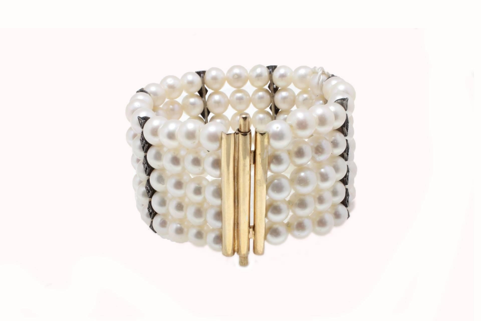 Retro 77.20 g White Pearls, 0.30 ct Diamonds Rose Gold and Silver Beaded Bracelet For Sale
