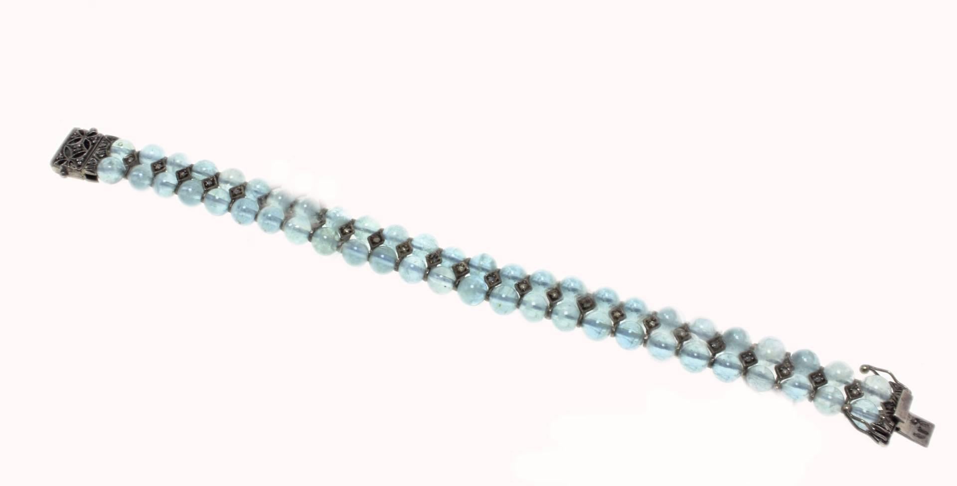 Luise Aquamarine Beaded and Diamonds Retro Rose Gold and Silver Bracelet In Good Condition In Marcianise, Marcianise (CE)