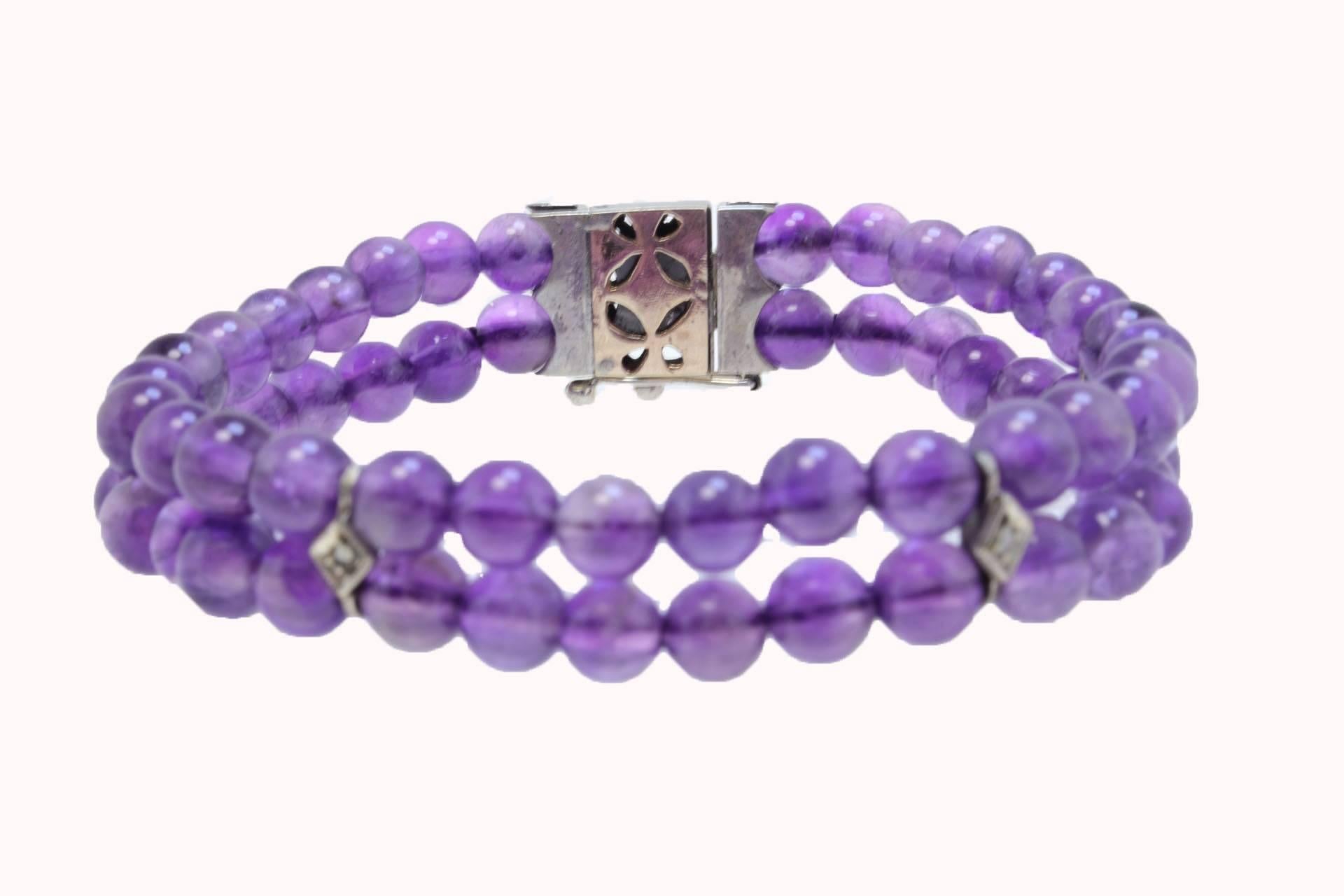 Retro  Rose Gold and Silver Amethyst Beaded and Diamonds Bracelet